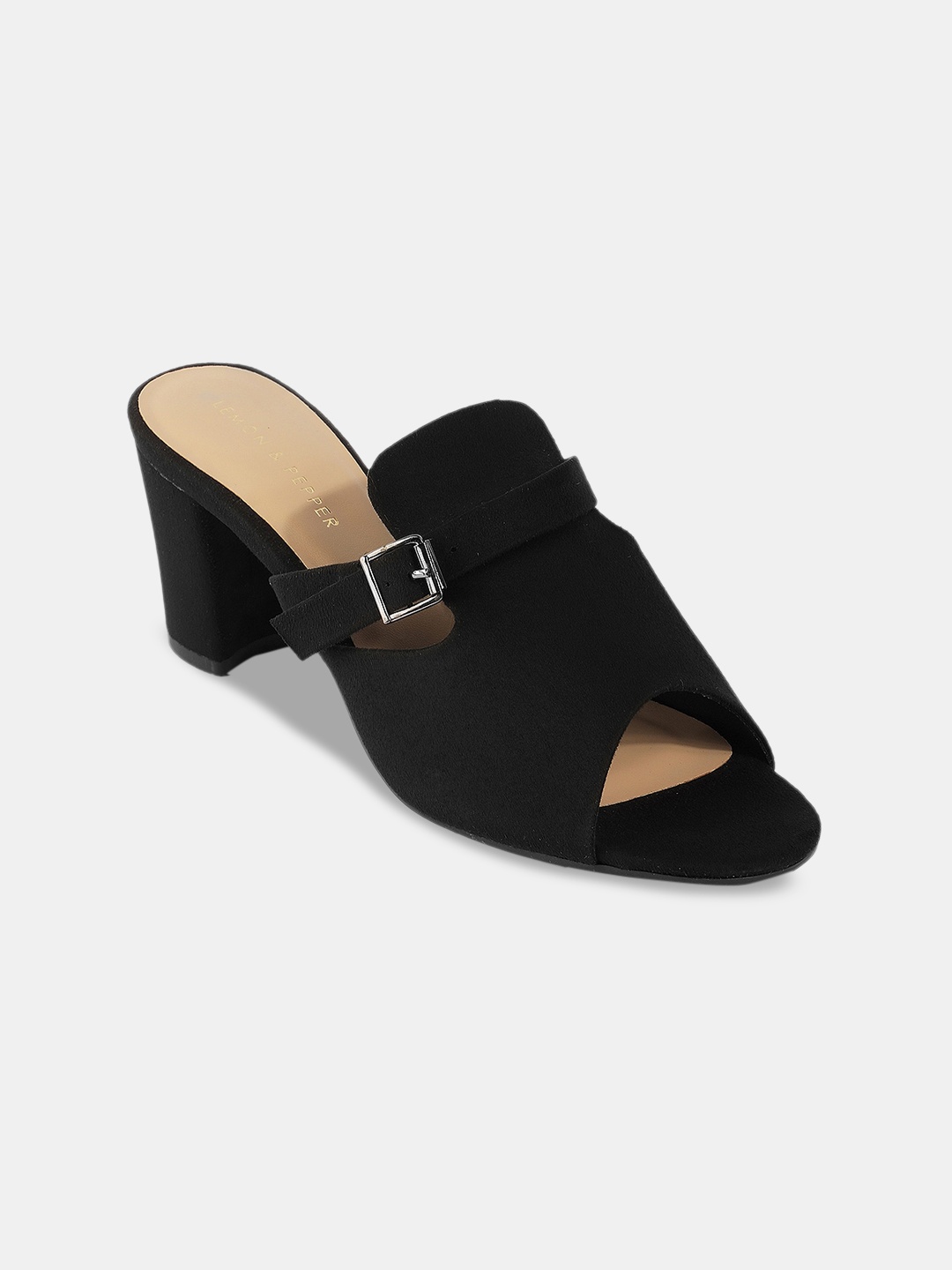 

LEMON & PEPPER Peep Toe Suede Block Heel Mules, Black