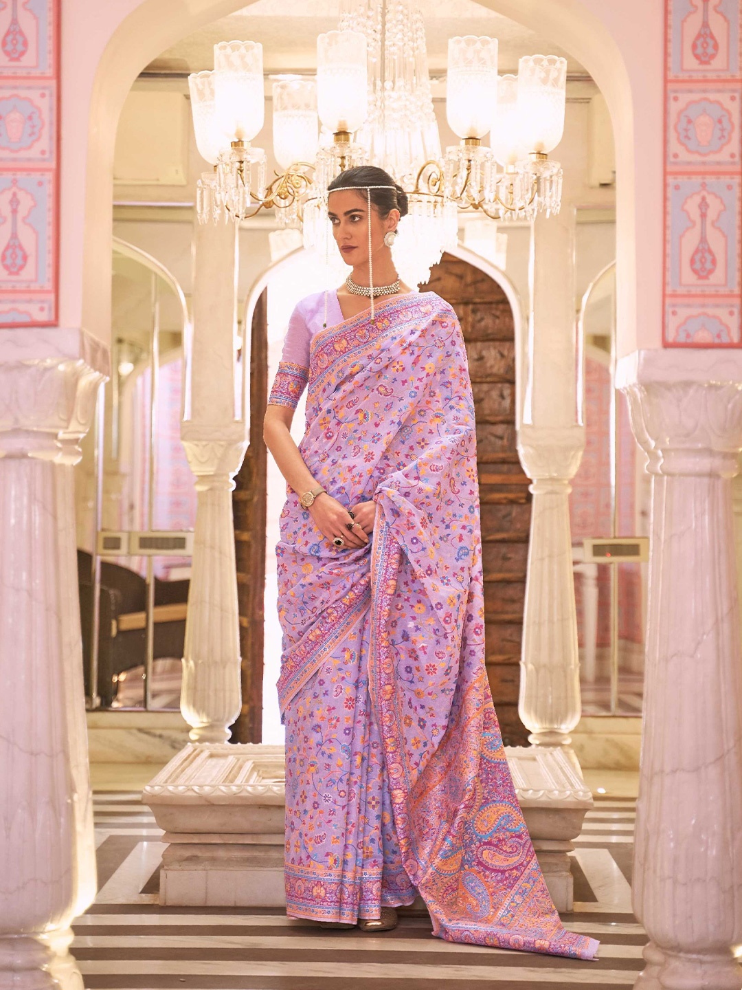 

Mitera Purple & Yellow Floral Woven Design Zari Saree