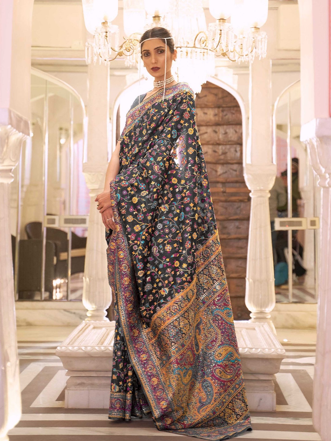 

Mitera Black & Blue Floral Woven Design Zari Saree