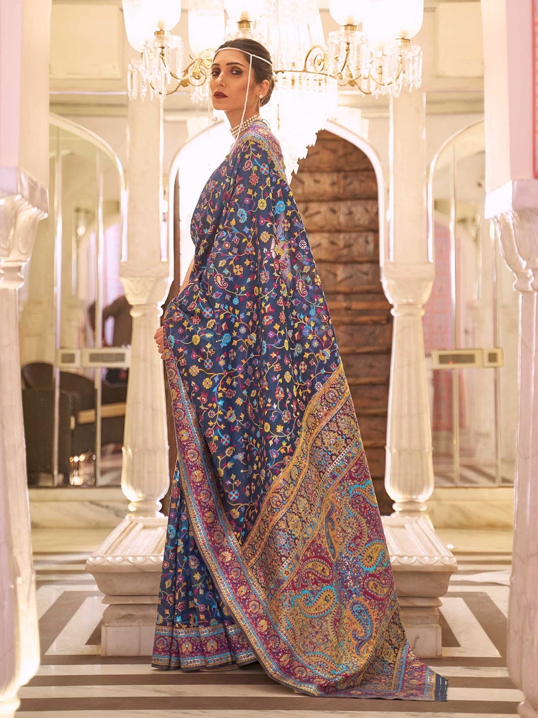 

Mitera Navy Blue & Yellow Floral Woven Design Zari Saree