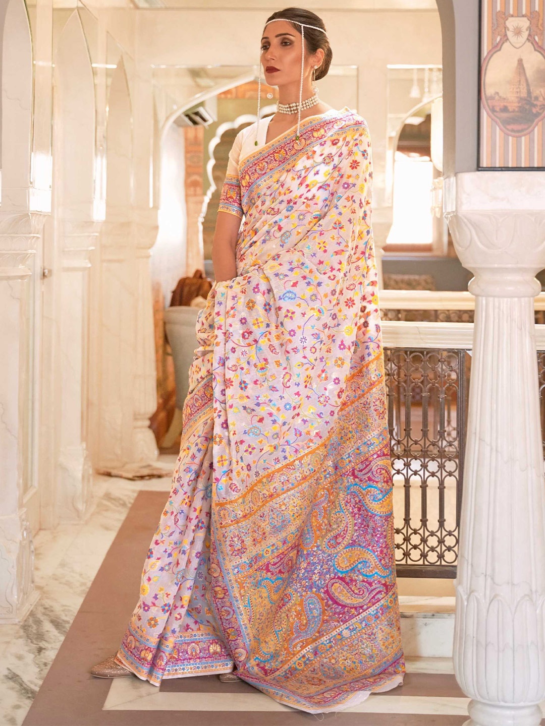 

Mitera White & Pink Floral Woven Design Zari Saree