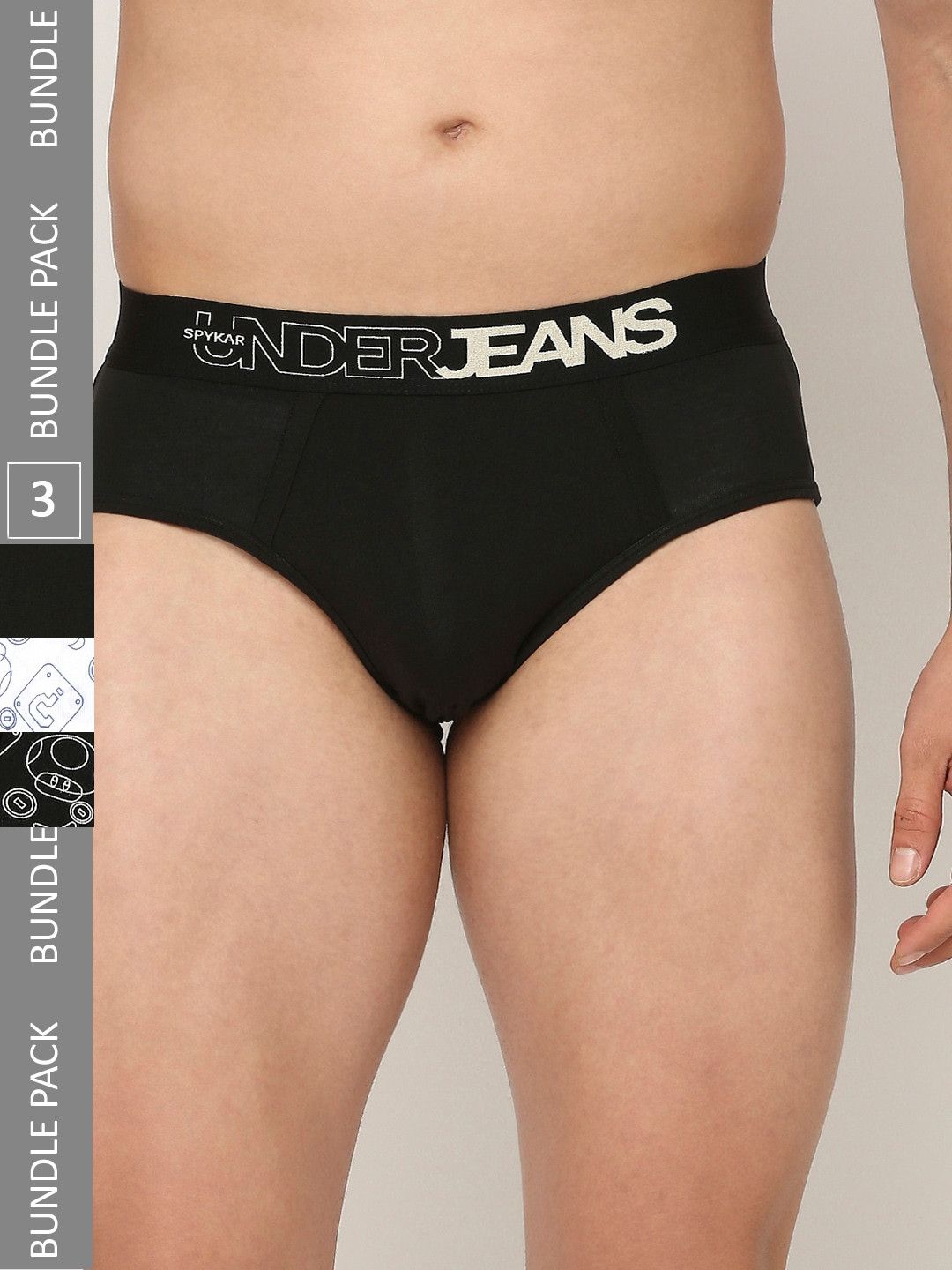 

UnderJeans by Spykar Men Pack Of 3 Assorted Low-Rise Basic Briefs UJNPBP049WHITEBLACKBLK