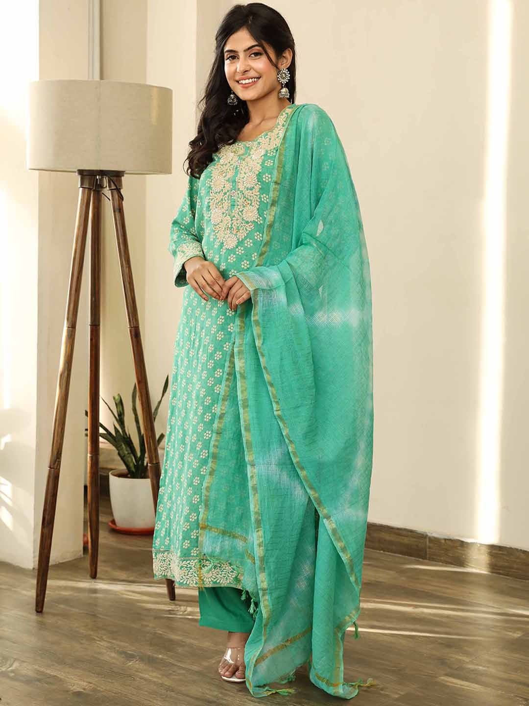 

KALINI Women Green Ethnic Motifs Printed Regular Sequinned Kurta with Trousers