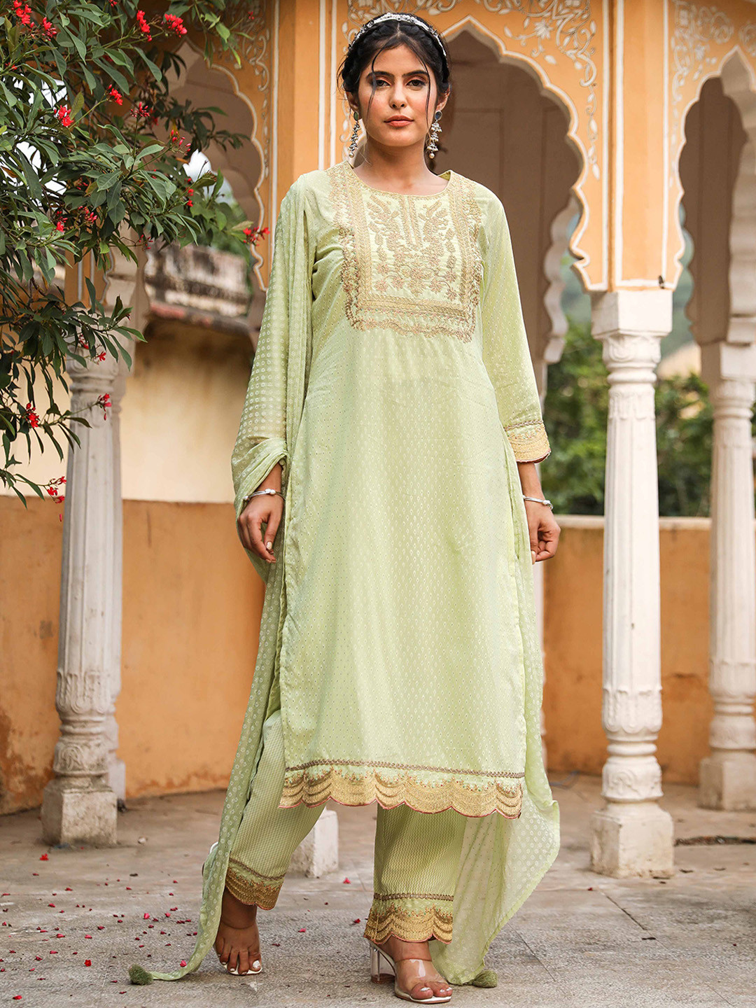 

KALINI Ethnic Motifs Embroidered Pure Cotton Kurta with Trousers & Dupatta, Green