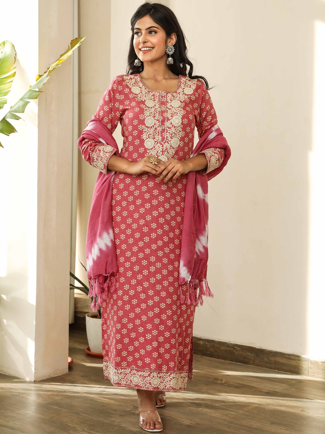 

KALINI Floral Printed Regular Thread Work Kurta With Trousers & Dupatta, Pink