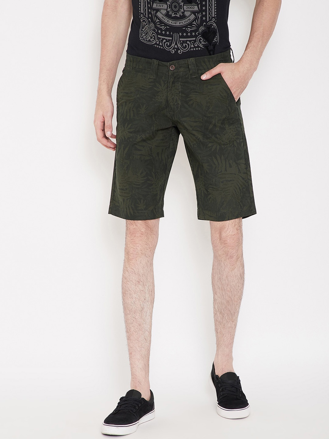 

PUNK Men Tropical Printed Mid-Rise Cotton Shorts, Olive