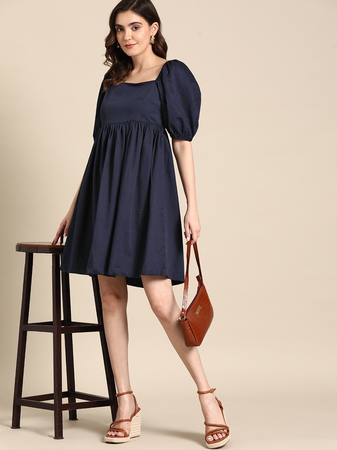 

all about you Square Neck Puff Sleeves Fit & Flare Dress, Navy blue
