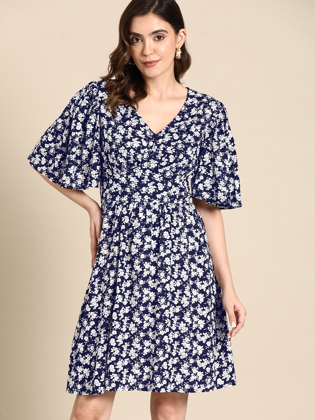 

all about you Floral Print Flared Sleeves Fit & Flare Dress, Navy blue