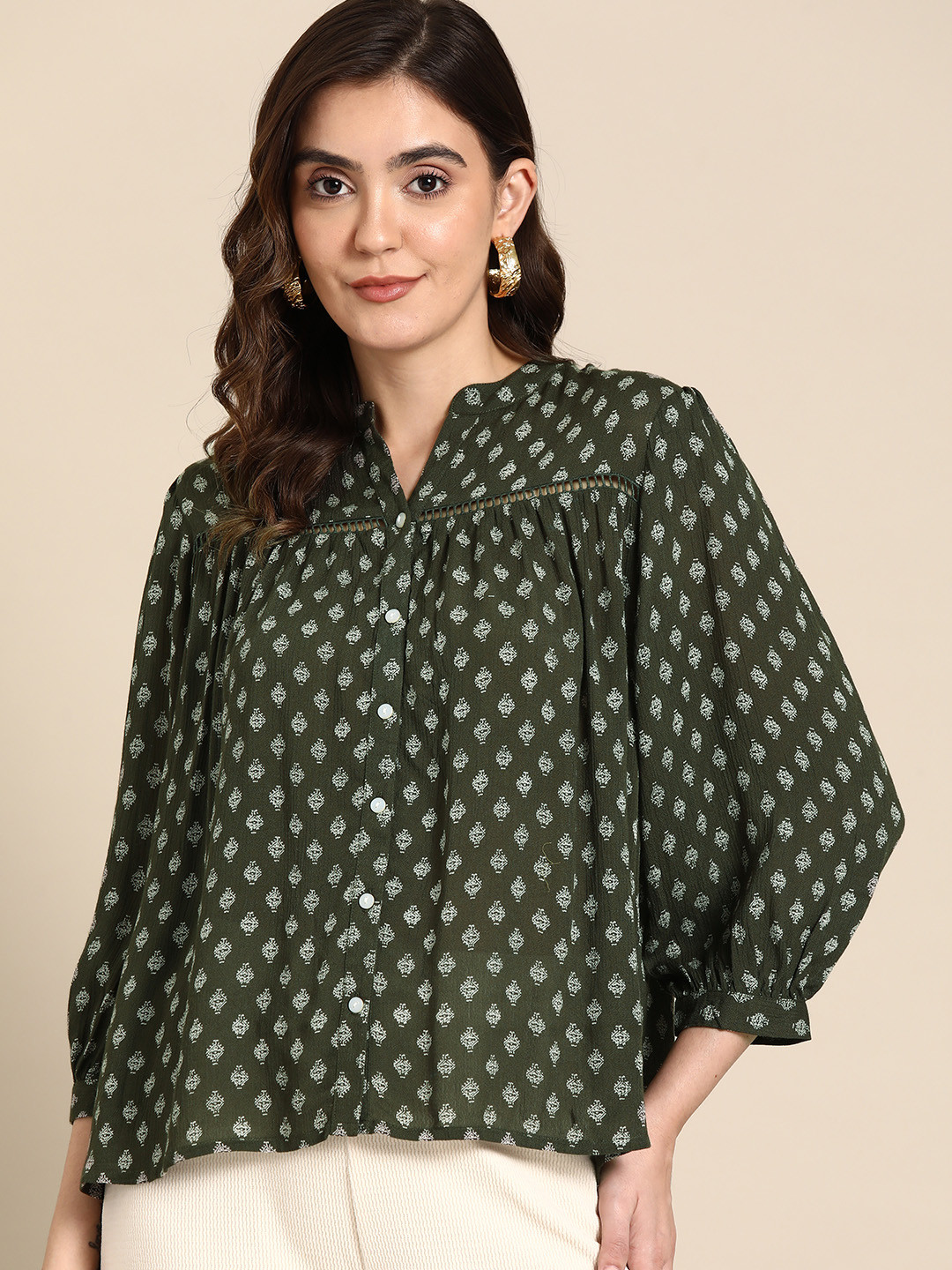 

all about you Print Mandarin Collar Puff Sleeve Top, Olive
