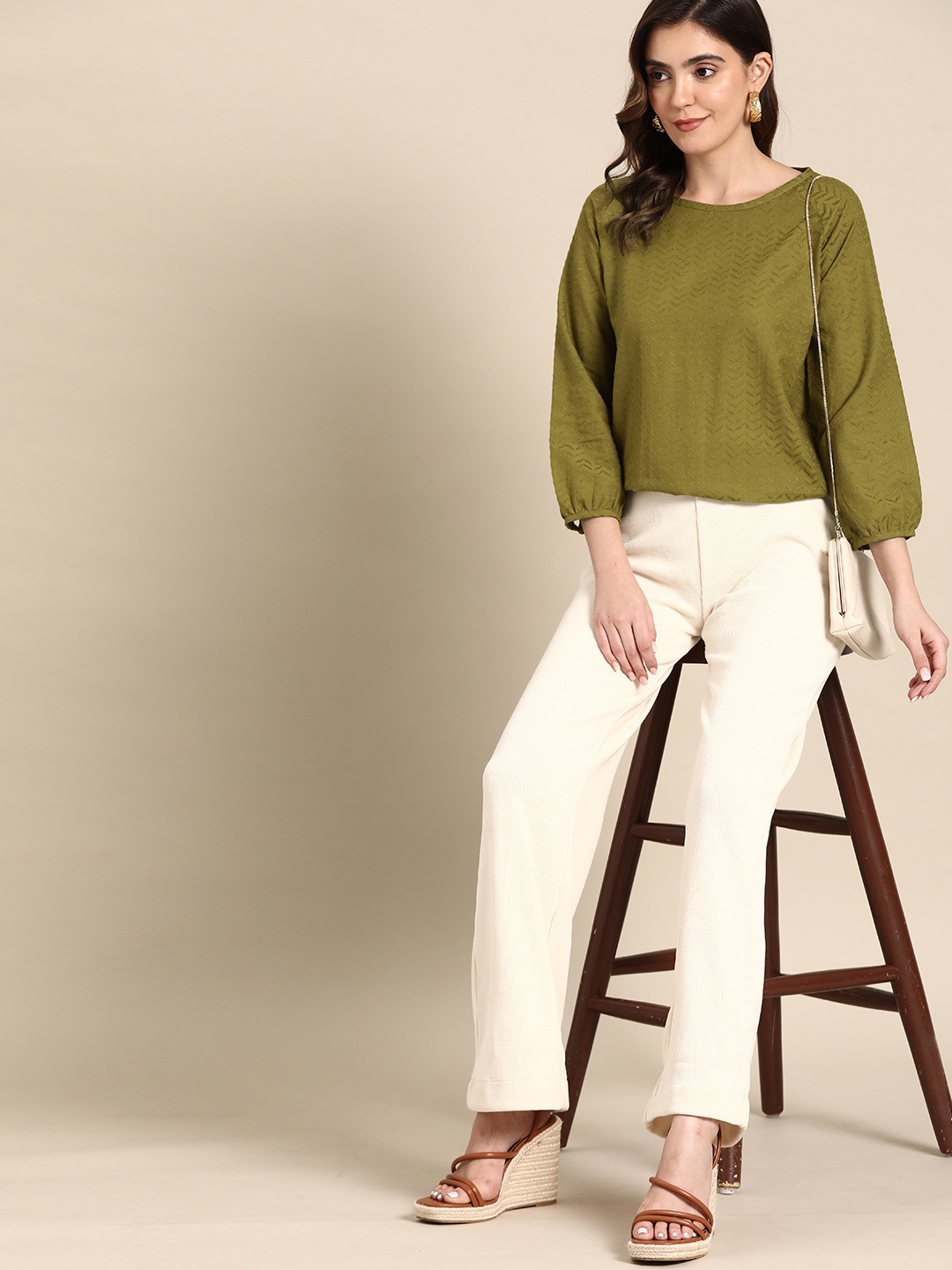 

all about you Chevron Puff Sleeve Pure Cotton Top, Olive