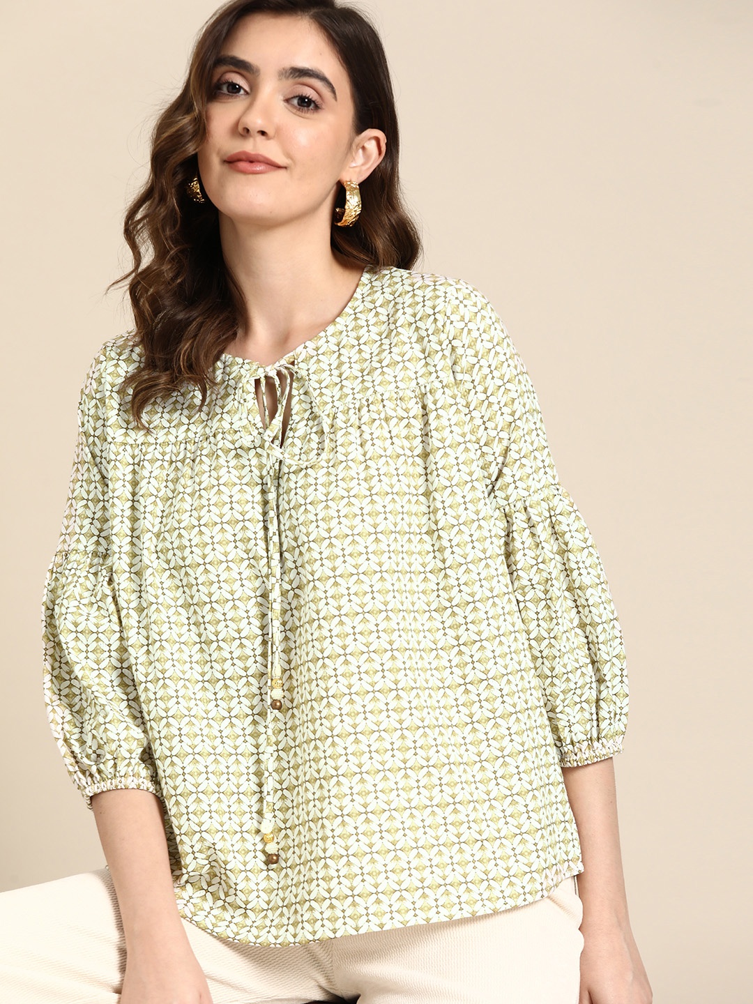 

all about you Floral Print Tie-Up Neck Puff Sleeve Cotton Top, Olive