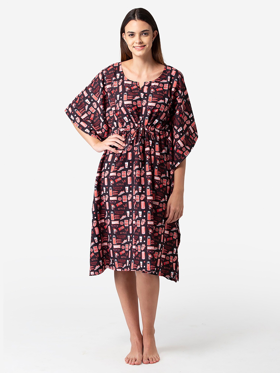 

Bellofox Black & Red Conversational Printed Kaftan Nightdress