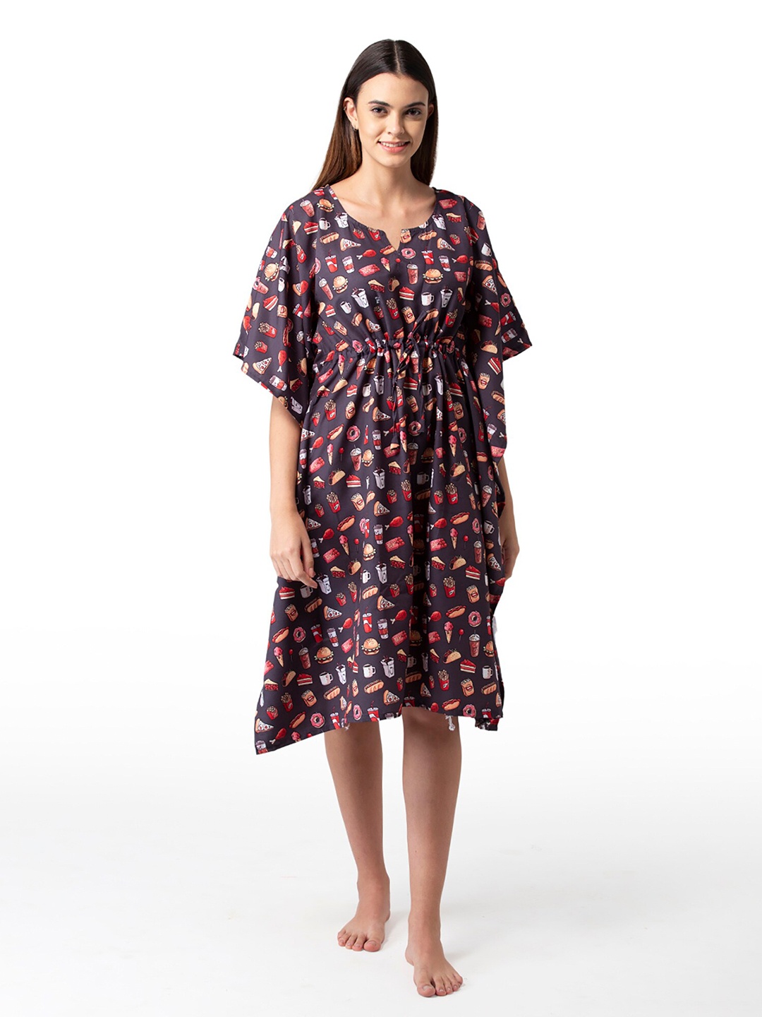 

Bellofox Black Conversational Printed Kaftan Nightdress