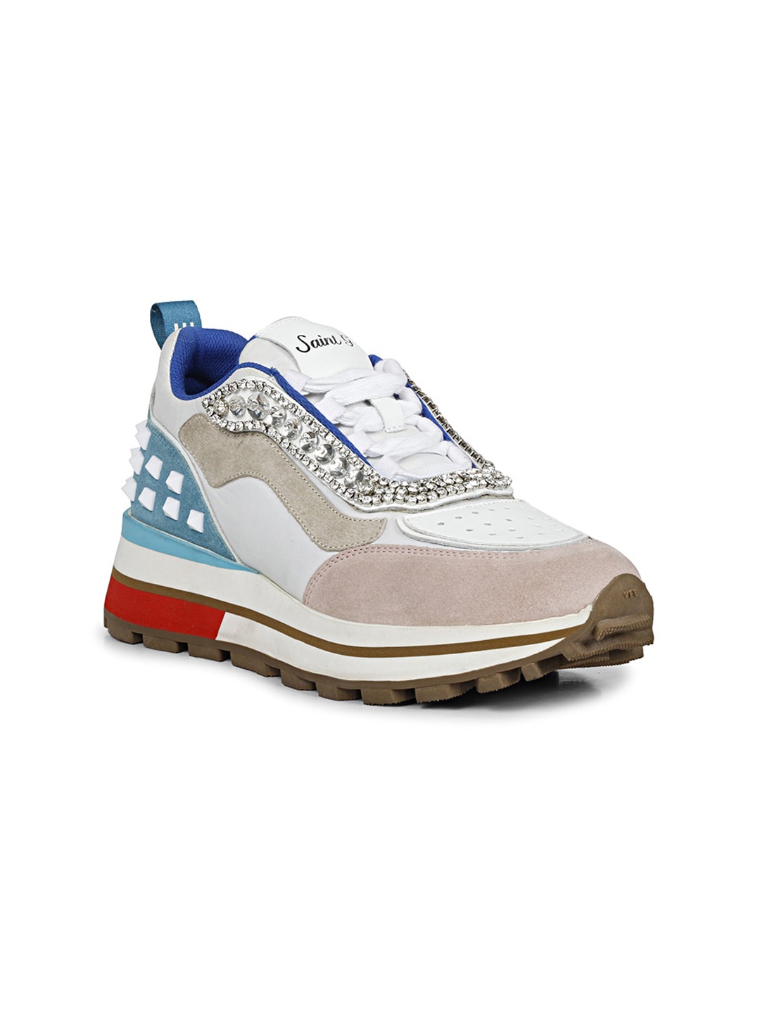 

Saint G Women Colourblocked Embellished Leather Contrast Sole Sneakers, White