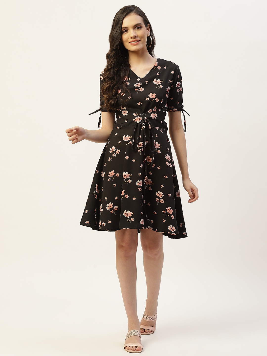 

Belle Fille Floral Print Crepe A-Line Dress, Black