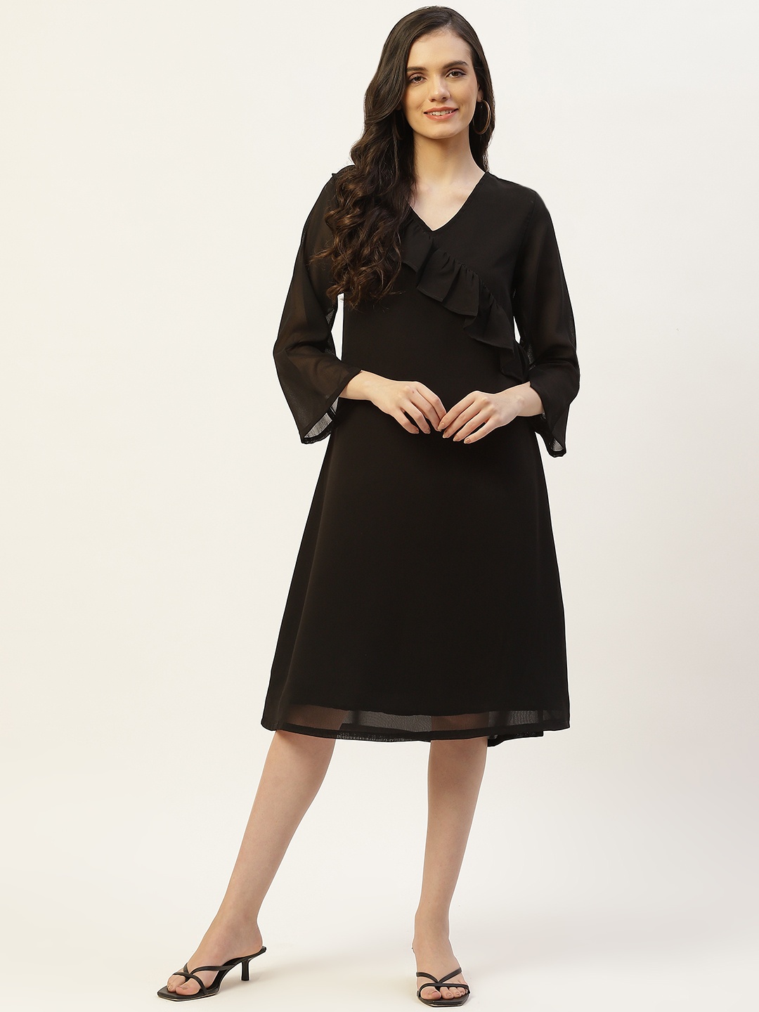 

Belle Fille Flared Sleeve Ruffled Georgette A-Line Dress, Black