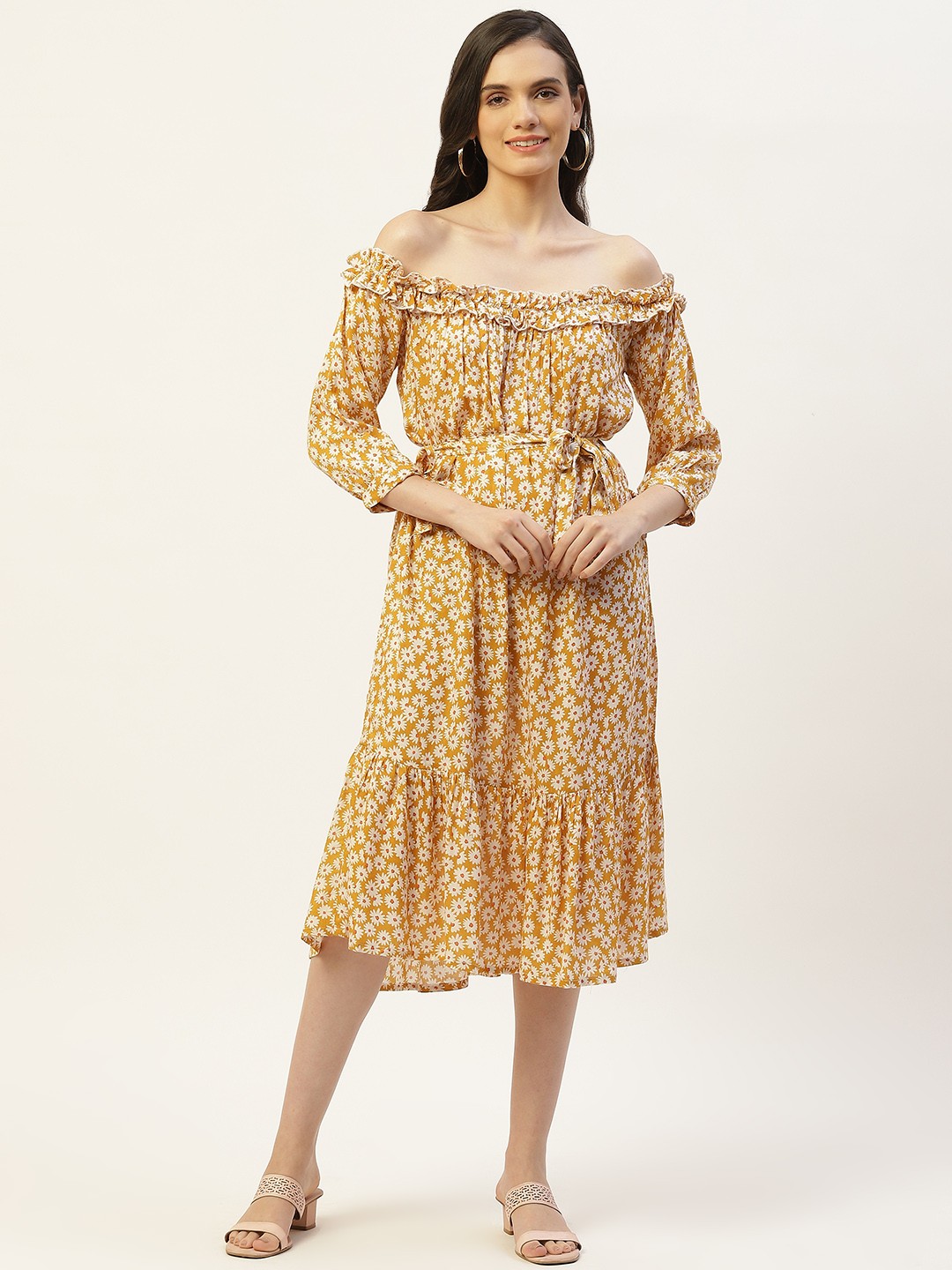 

Belle Fille Floral Print Off-Shoulder Ruffled A-Line Midi Dress, Yellow
