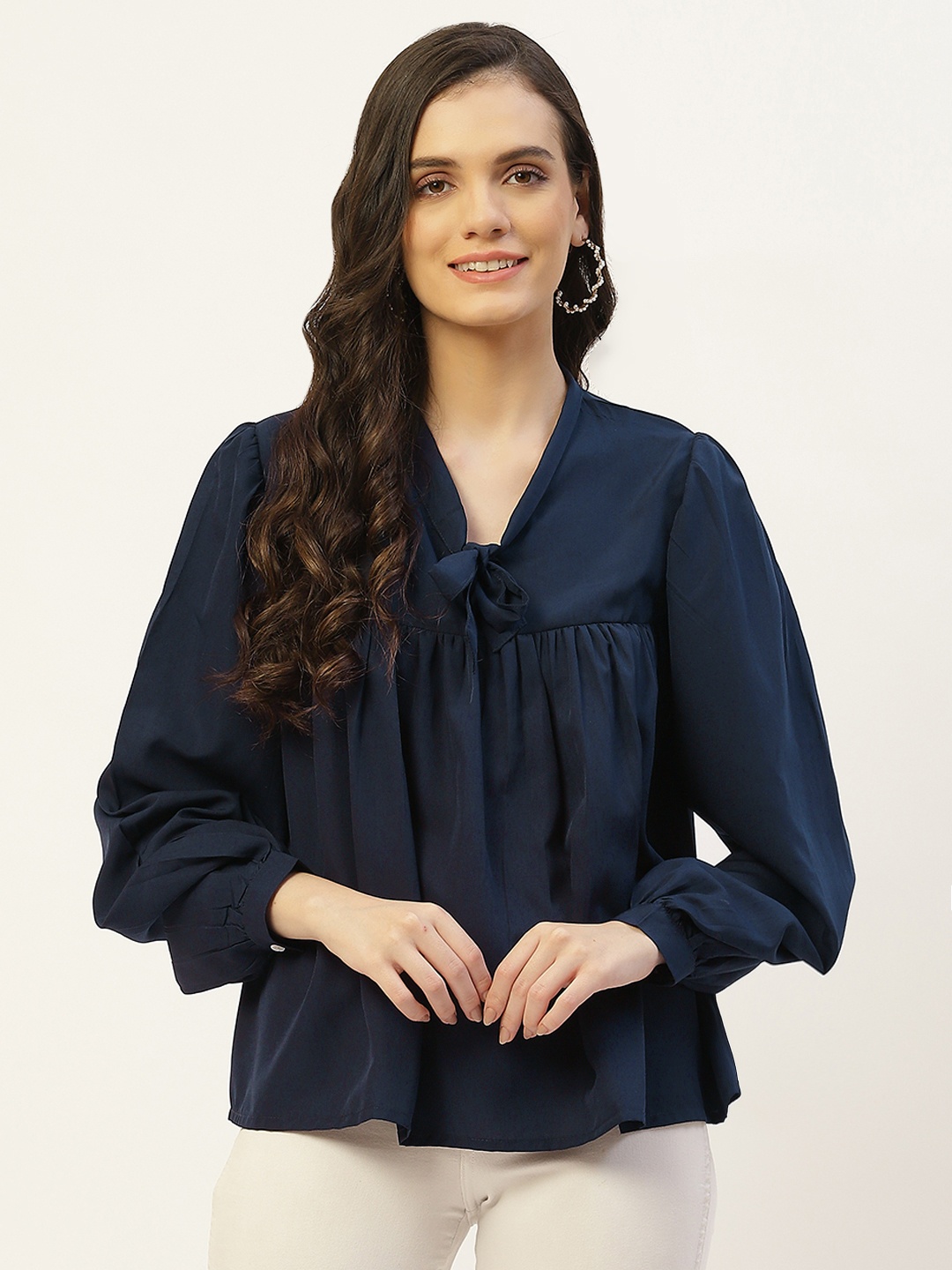 

Belle Fille Tie-Up Neck Indigo Crepe Top, Navy blue