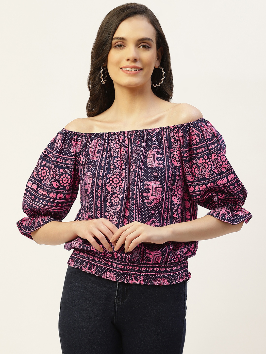 Belle Fille Floral Print Off-Shoulder Puff Sleeve Crepe Top, Navy blue