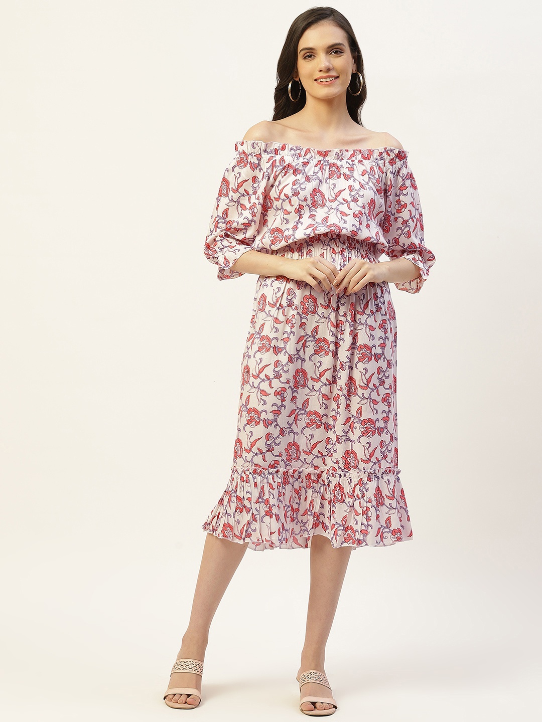 

Belle Fille Floral Print Off-Shoulder Fit & Flare Midi Dress, White