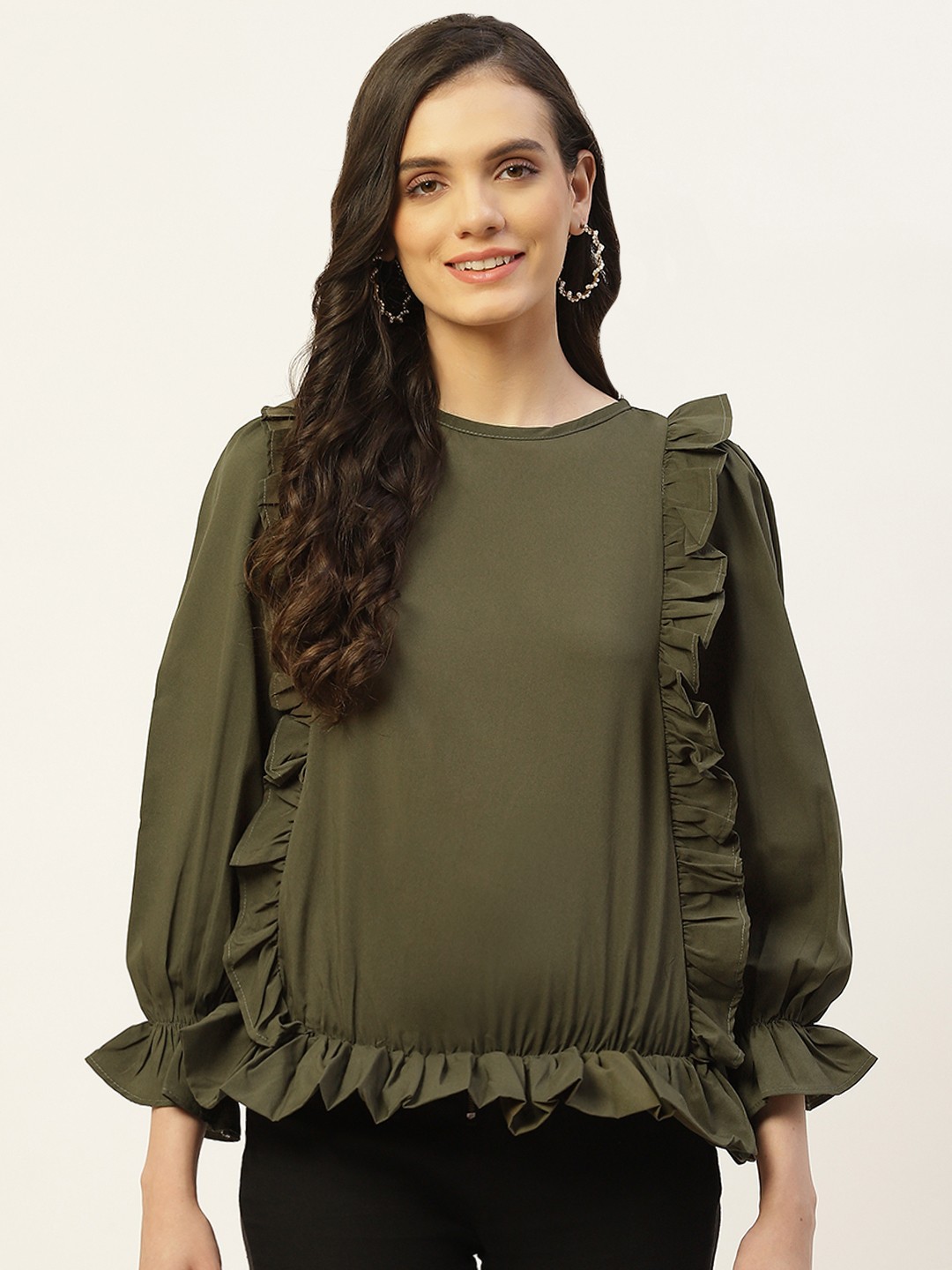 

Belle Fille Puff Sleeve Ruffles Crepe Top, Olive