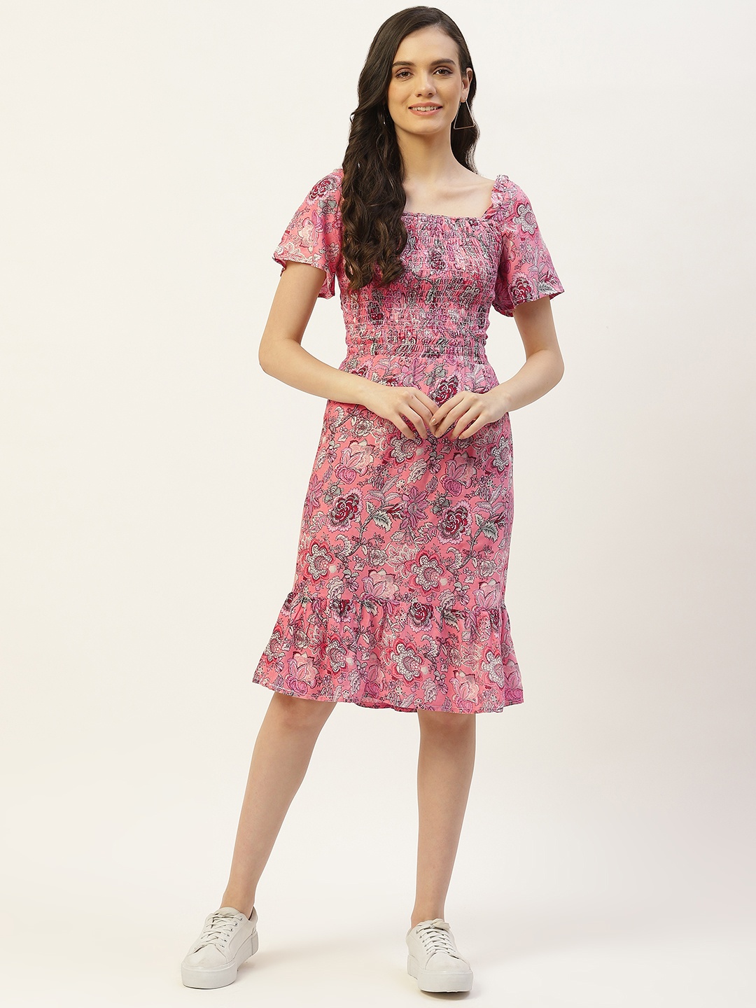 

Belle Fille Floral Print Flared Sleeve Fit & Flare Midi Dress, Pink