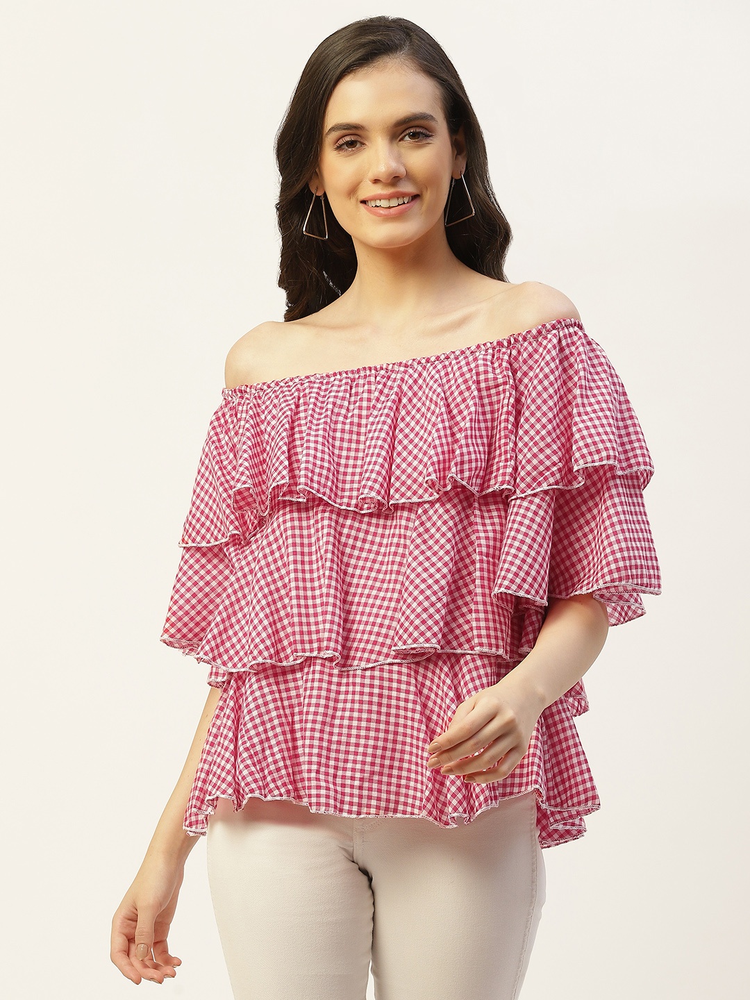 

Belle Fille Checked Off-Shoulder Bell Sleeve Layered Cotton Top, Pink