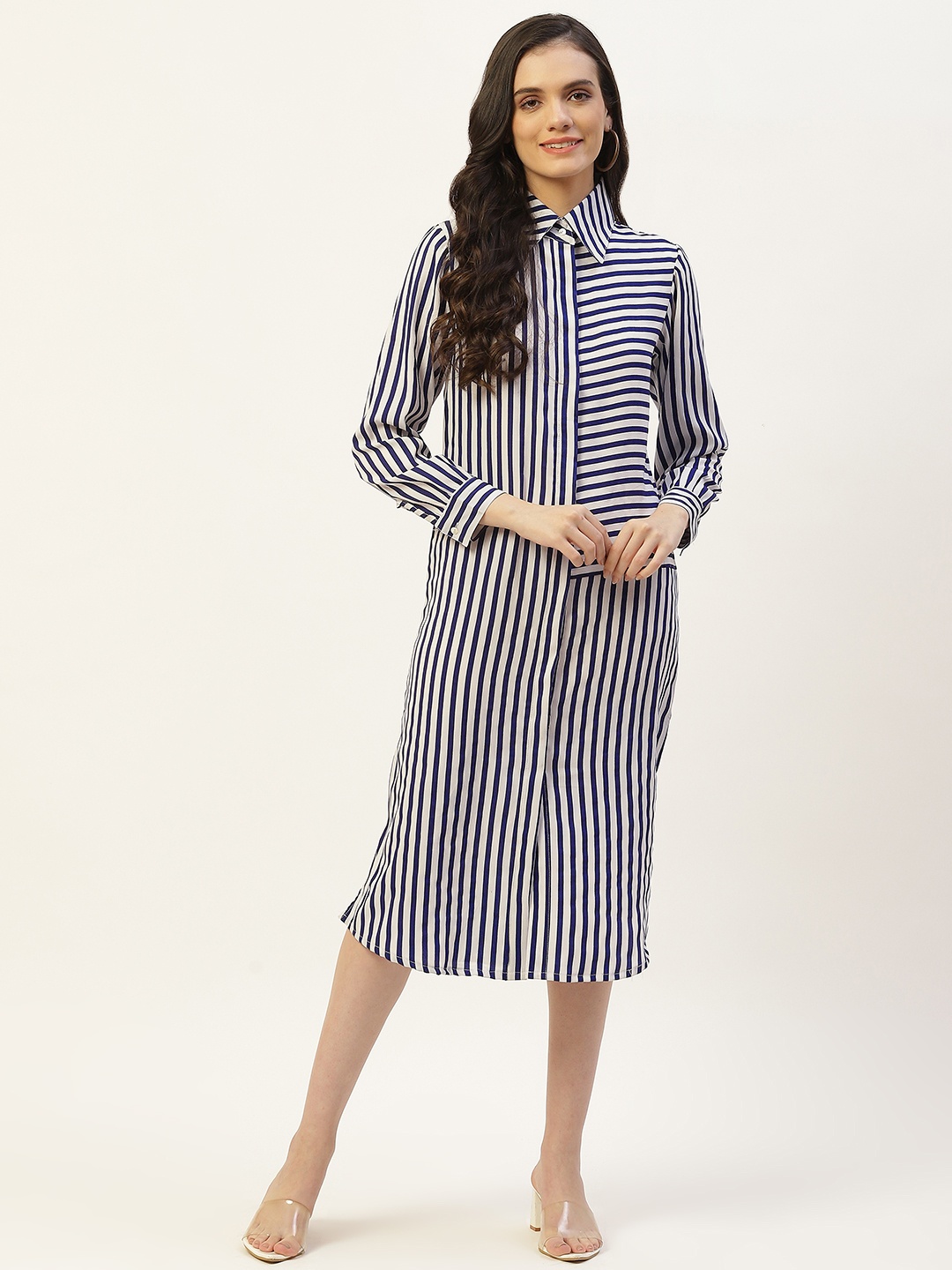 Belle Fille Striped Crepe Shirt Dress, Navy blue