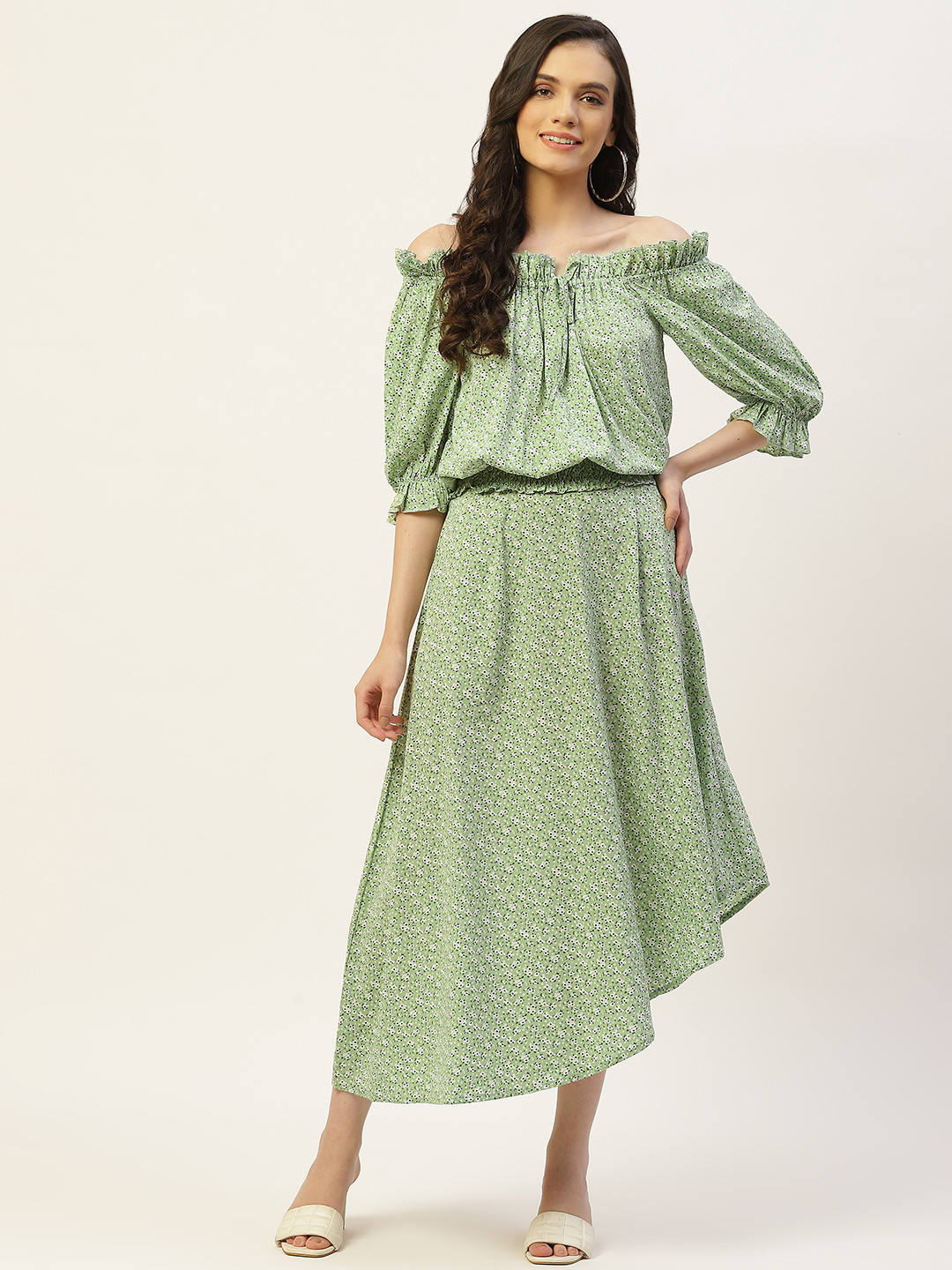 

Belle Fille Women Floral Printed Off-Shoulder Top & Skirt, Green