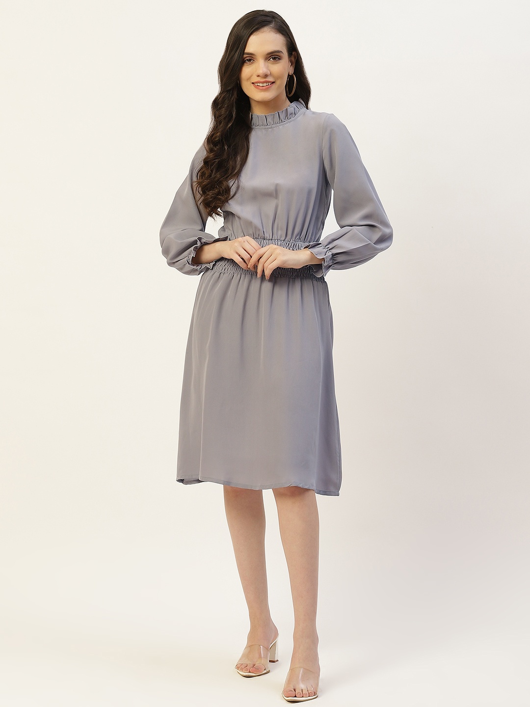 

Belle Fille Puff Sleeve Crepe Fit & Flare Dress, Grey