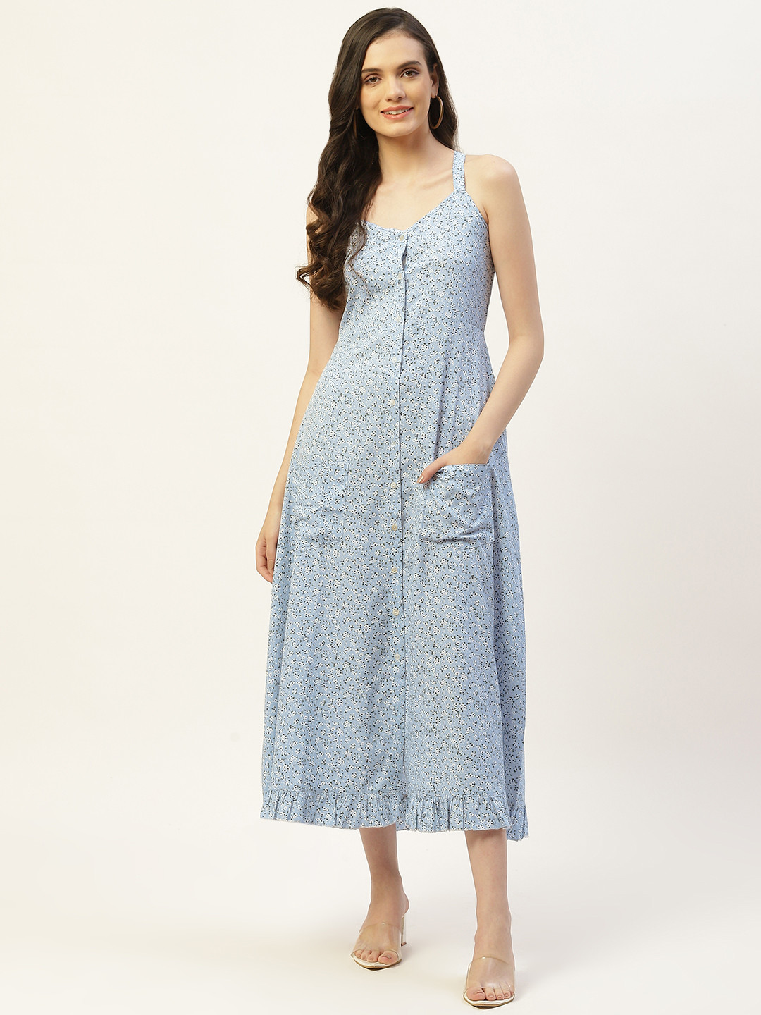 

Belle Fille Floral Print Crepe A-Line Midi Dress, Turquoise blue