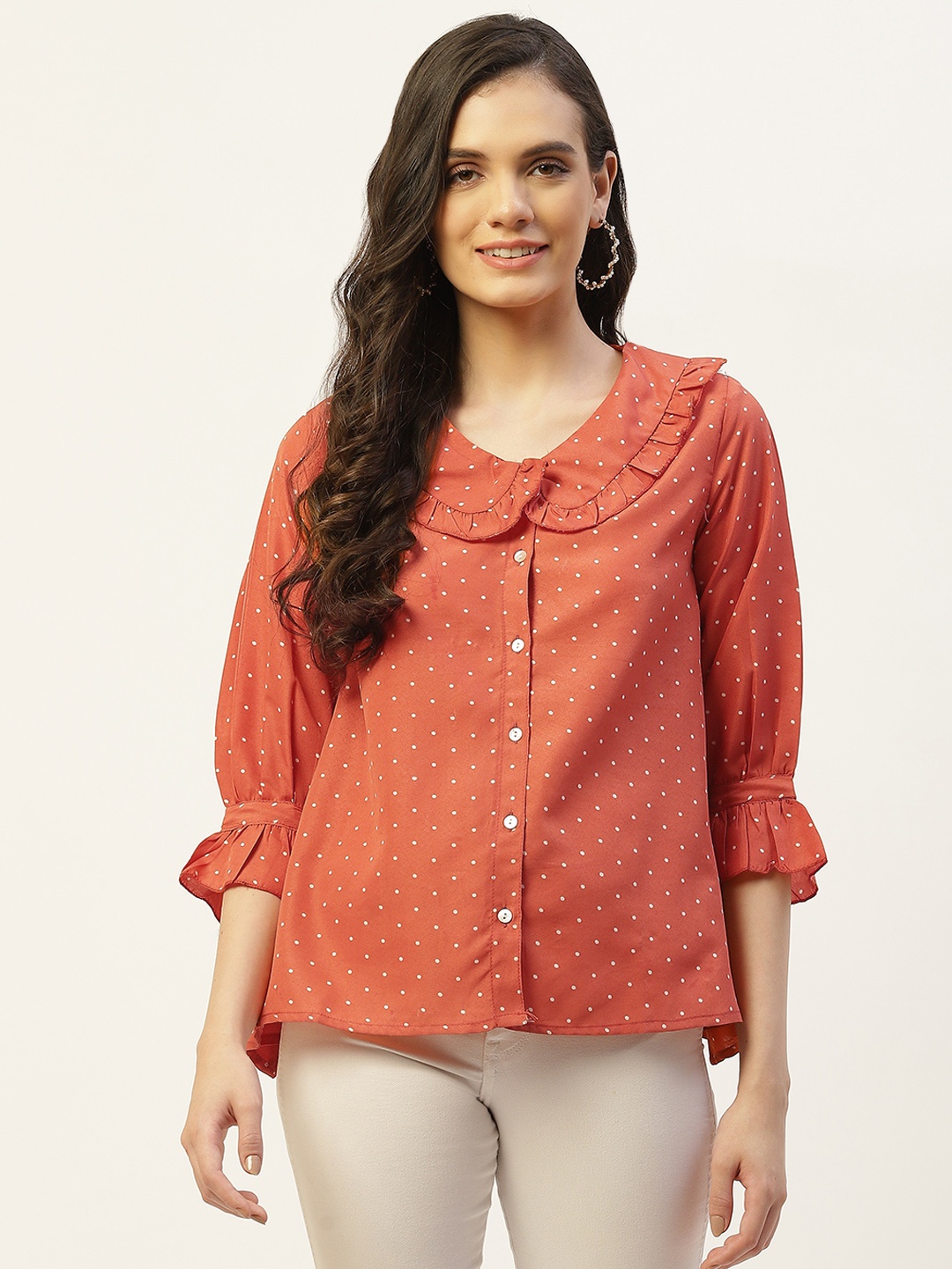 Belle Fille Polka Dot Print Puff Sleeve Layered Shirt Style Top, Orange