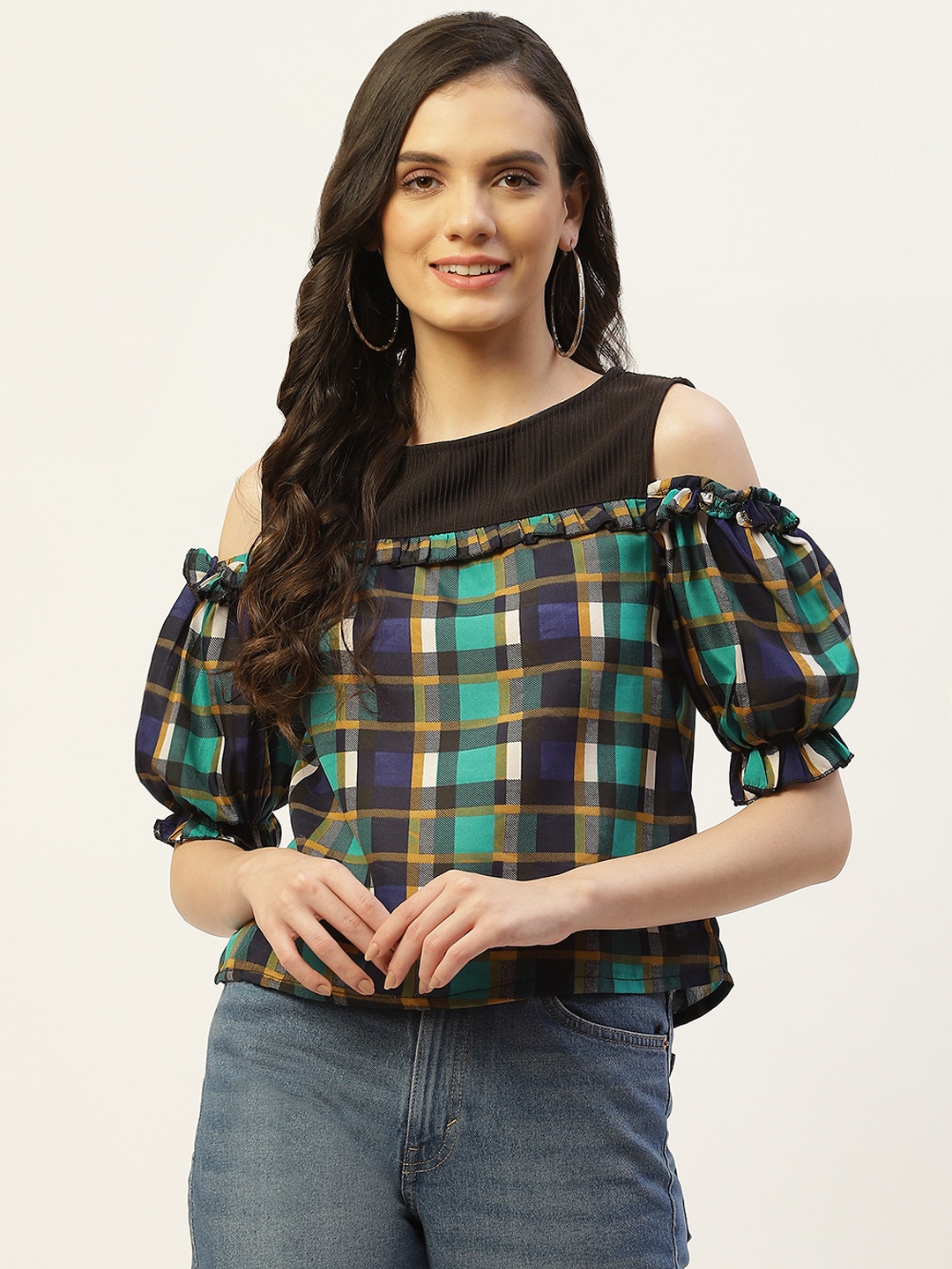 

Belle Fille Checked Cold-Shoulder Layered Crepe Top, Black