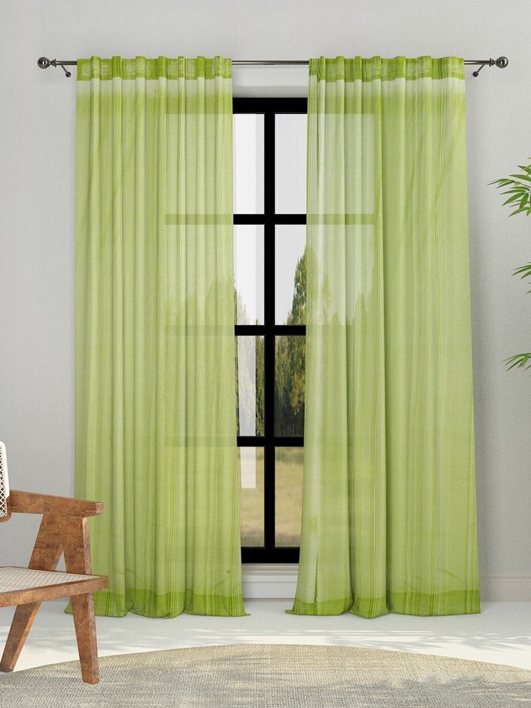 

Fabindia Green Striped Room Darkening Cotton Window Curtain