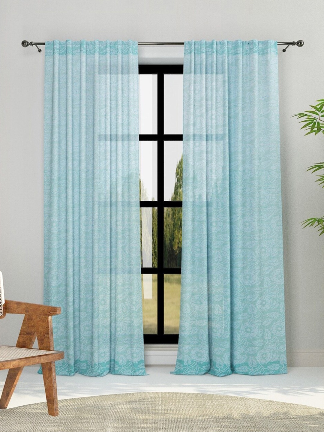 

Fabindia Blue Floral Cotton Semi-Sheer Door Curtain