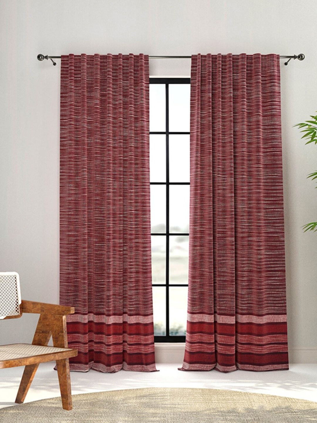 

Fabindia Chetana Maroon & Silver-Toned Striped Room Darkening Long Door Curtain