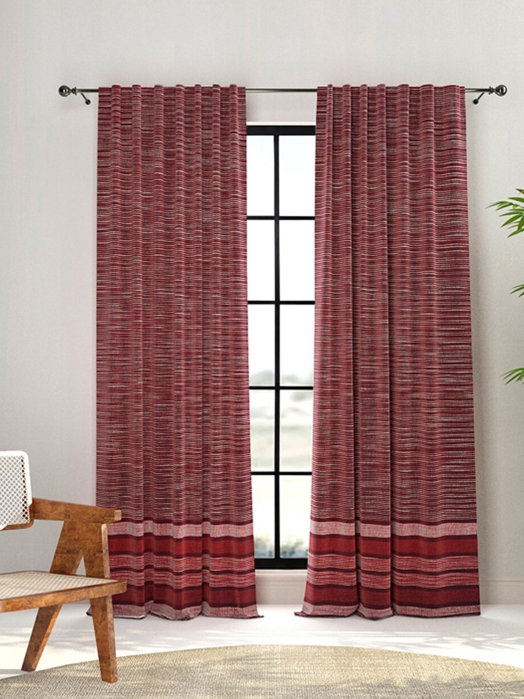 

Fabindia Maroon & Silver-Toned Striped Cotton Semi Sheer Window Curtain