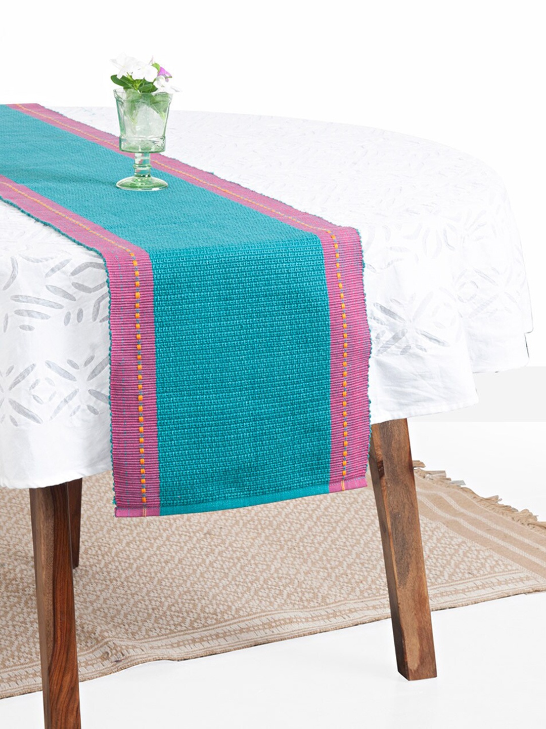 

Fabindia Teal Blue & Pink Woven Tanka Cotton Table Runner
