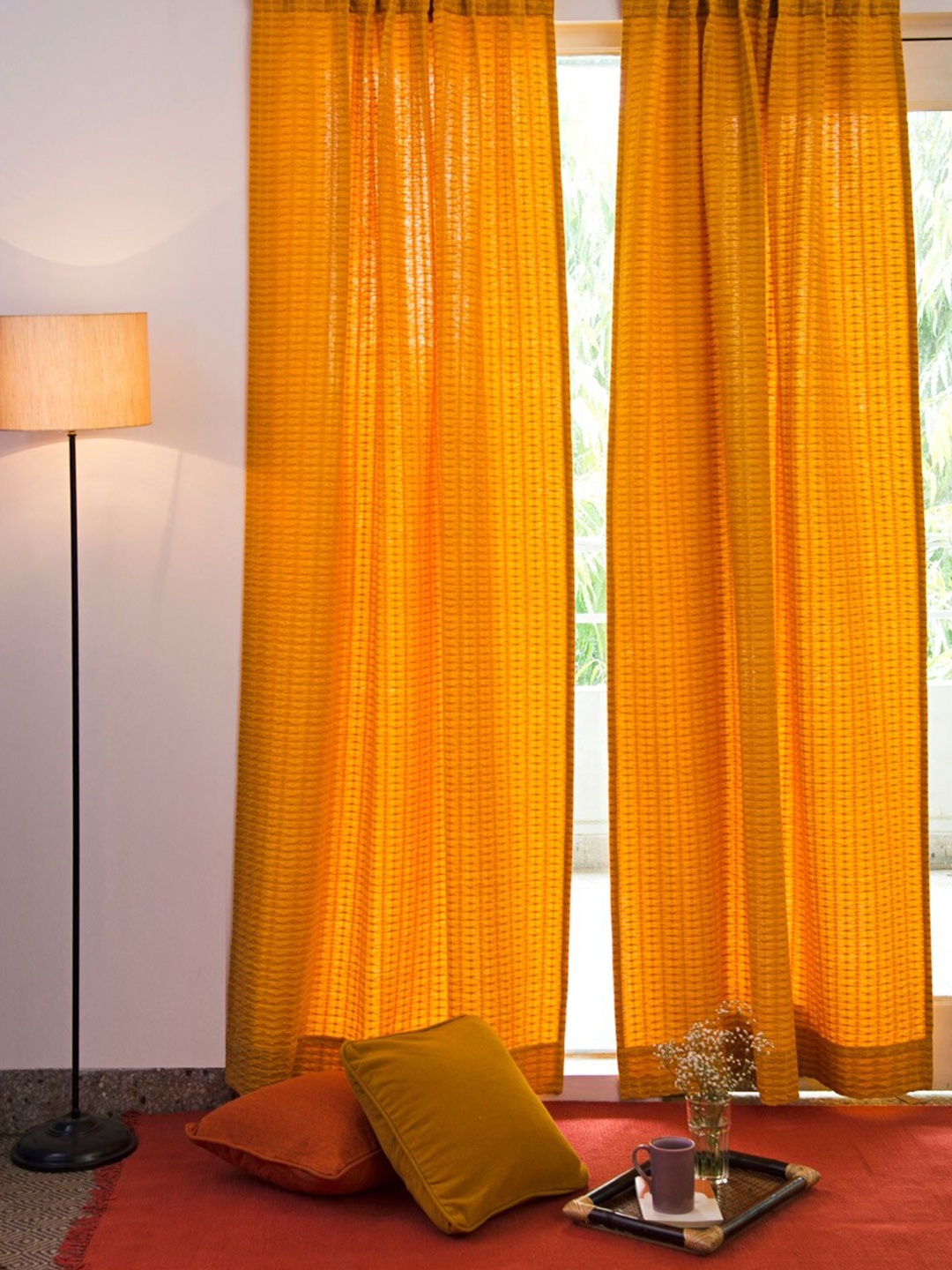 

Fabindia Mustard Yellow Geometric Cotton Semi Sheer Door Curtain, Brown