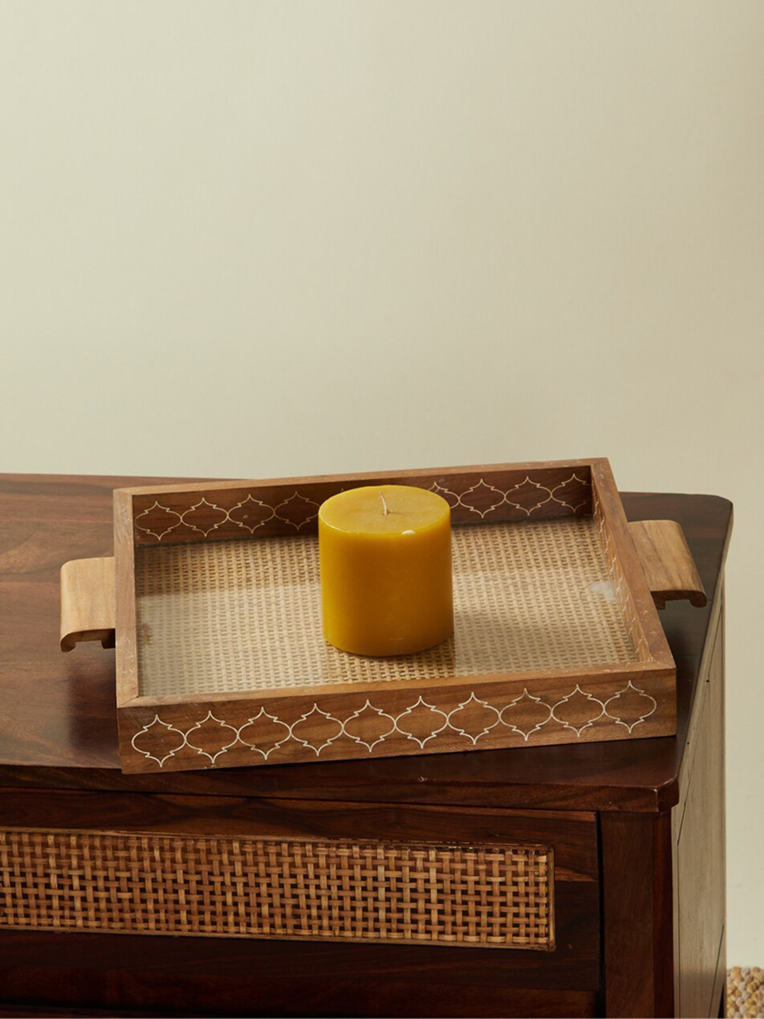 

Fabindia Natural Suvarn Beige Geometric Printed Wooden Serving Tray