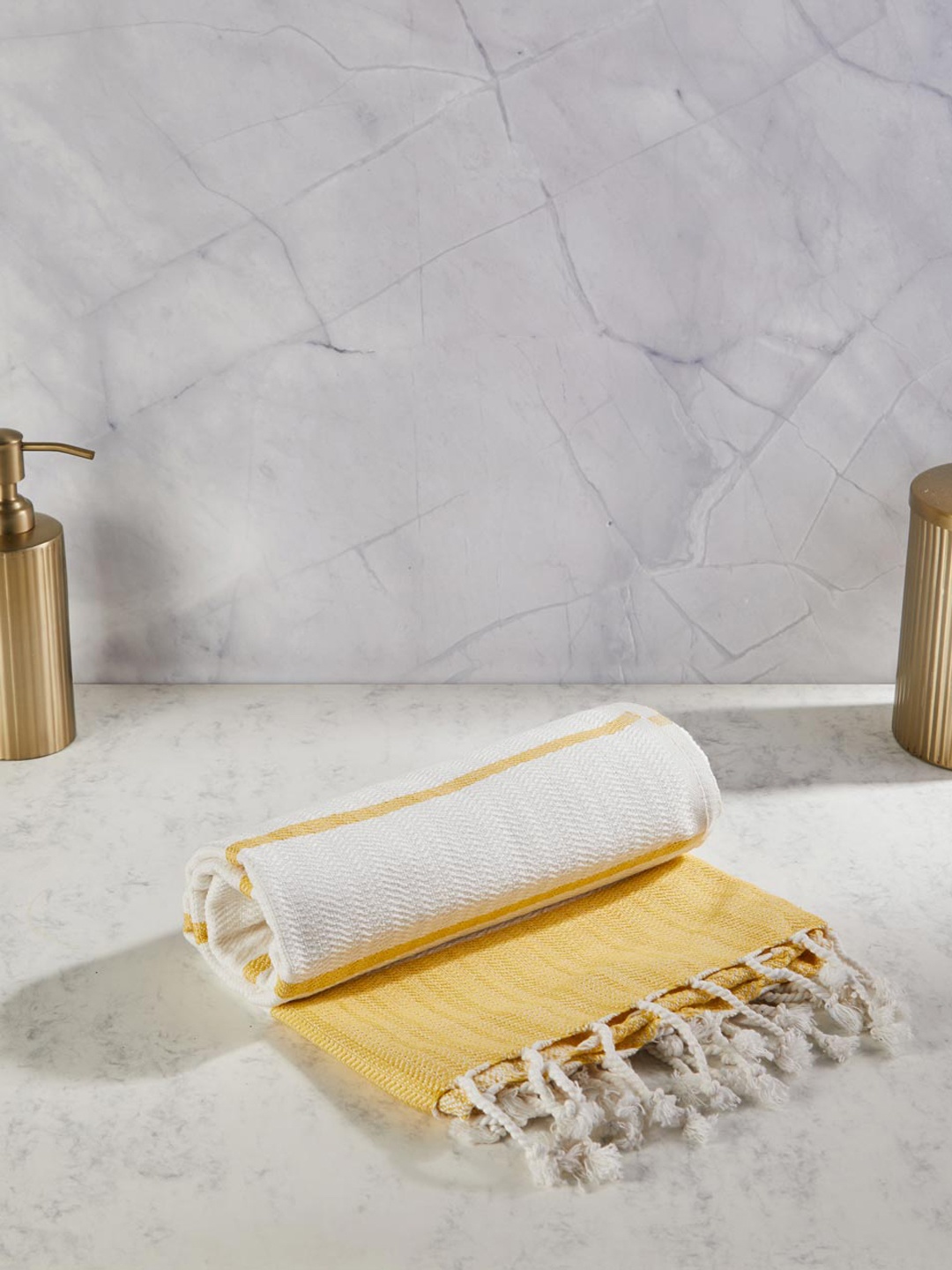 

Fabindia Yellow & White Striped 233 GSM Kani Cotton Bath Towel