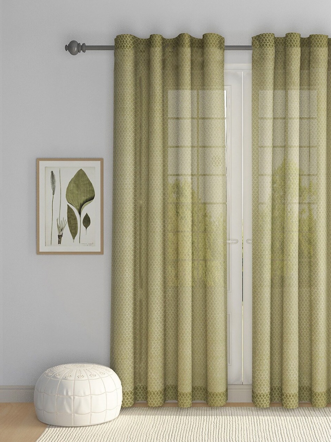 

Fabindia Green & Gold-Toned Geometric Cotton Long Semi-Sheer Door Curtain
