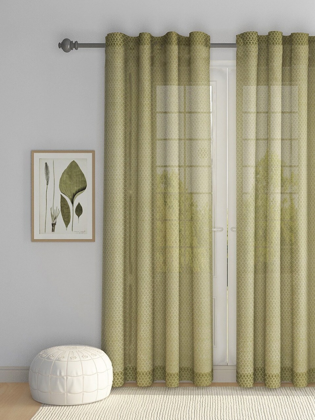 

Fabindia Green & Gold-Toned Geometric Sheer Cotton Window Curtain