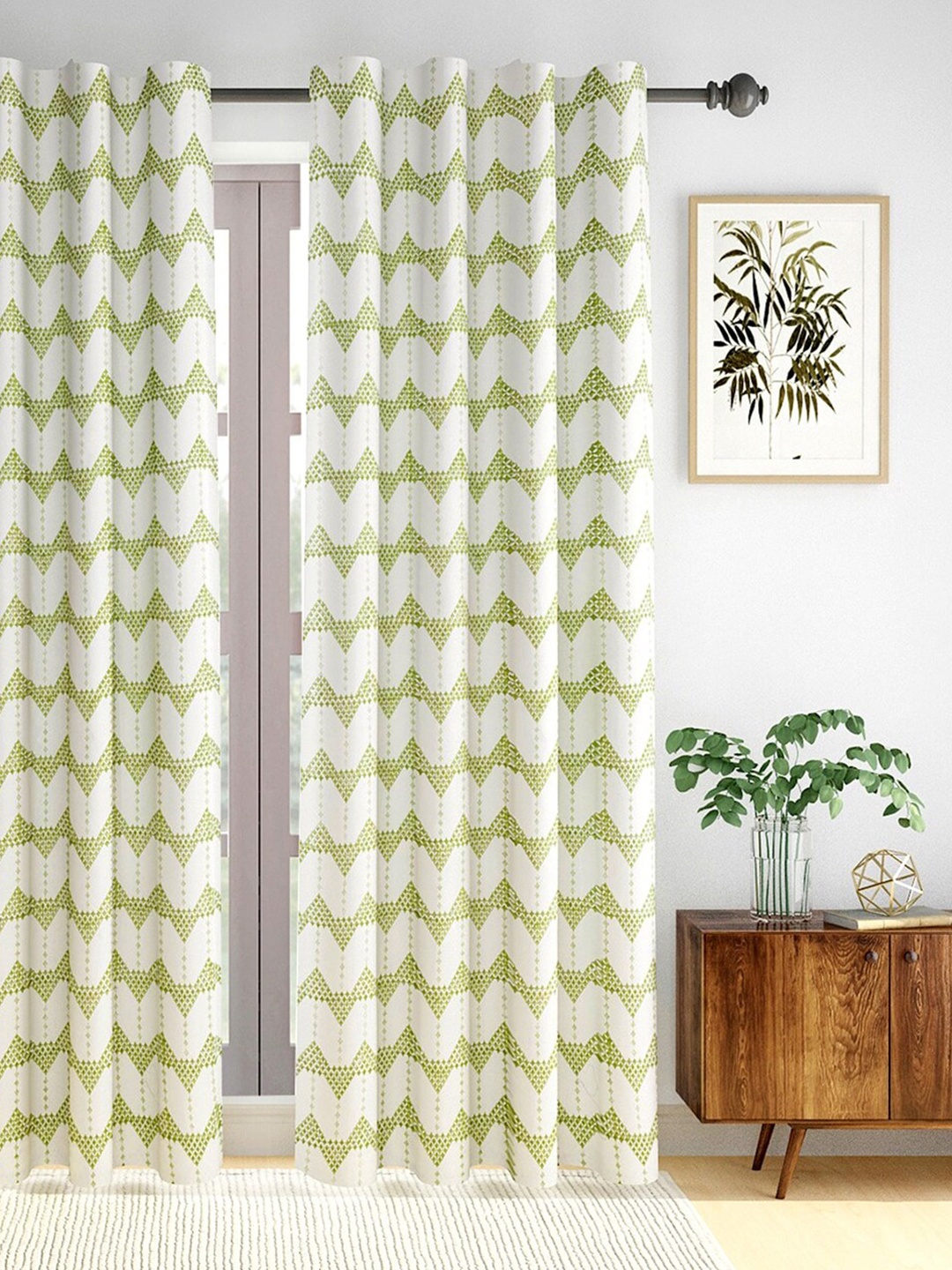 

Fabindia Green & White Geometric Cotton Semi-Sheer Window Curtain