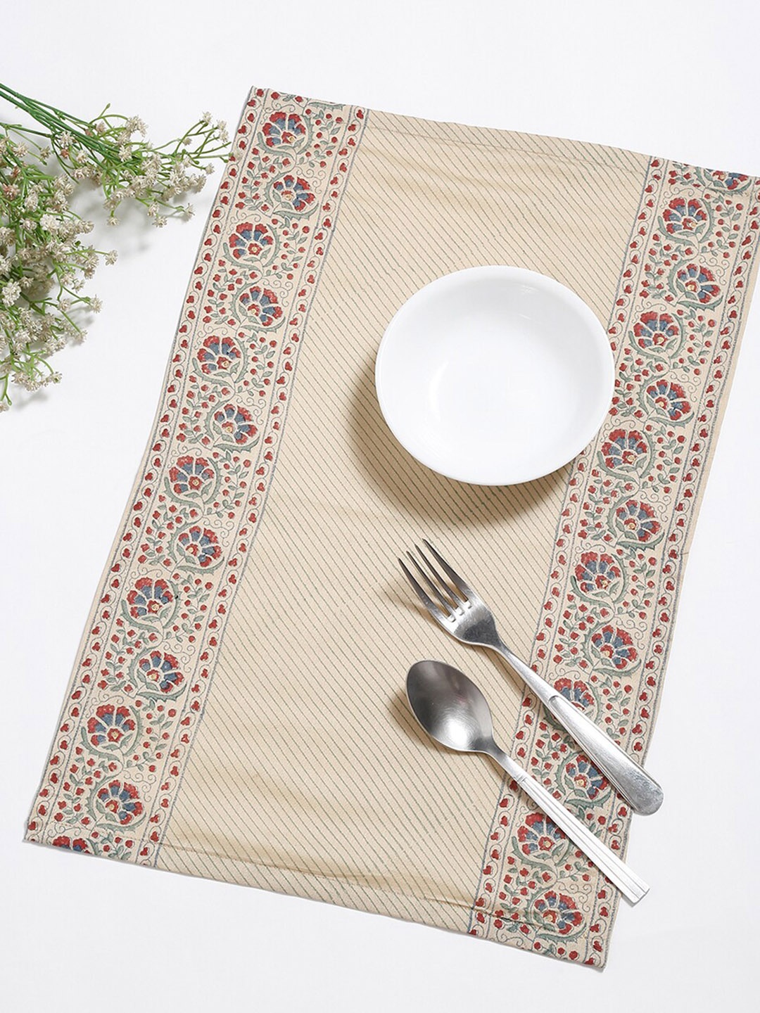 

Fabindia Cream Colored 4 Pieces Printed Cotton Table Placemats