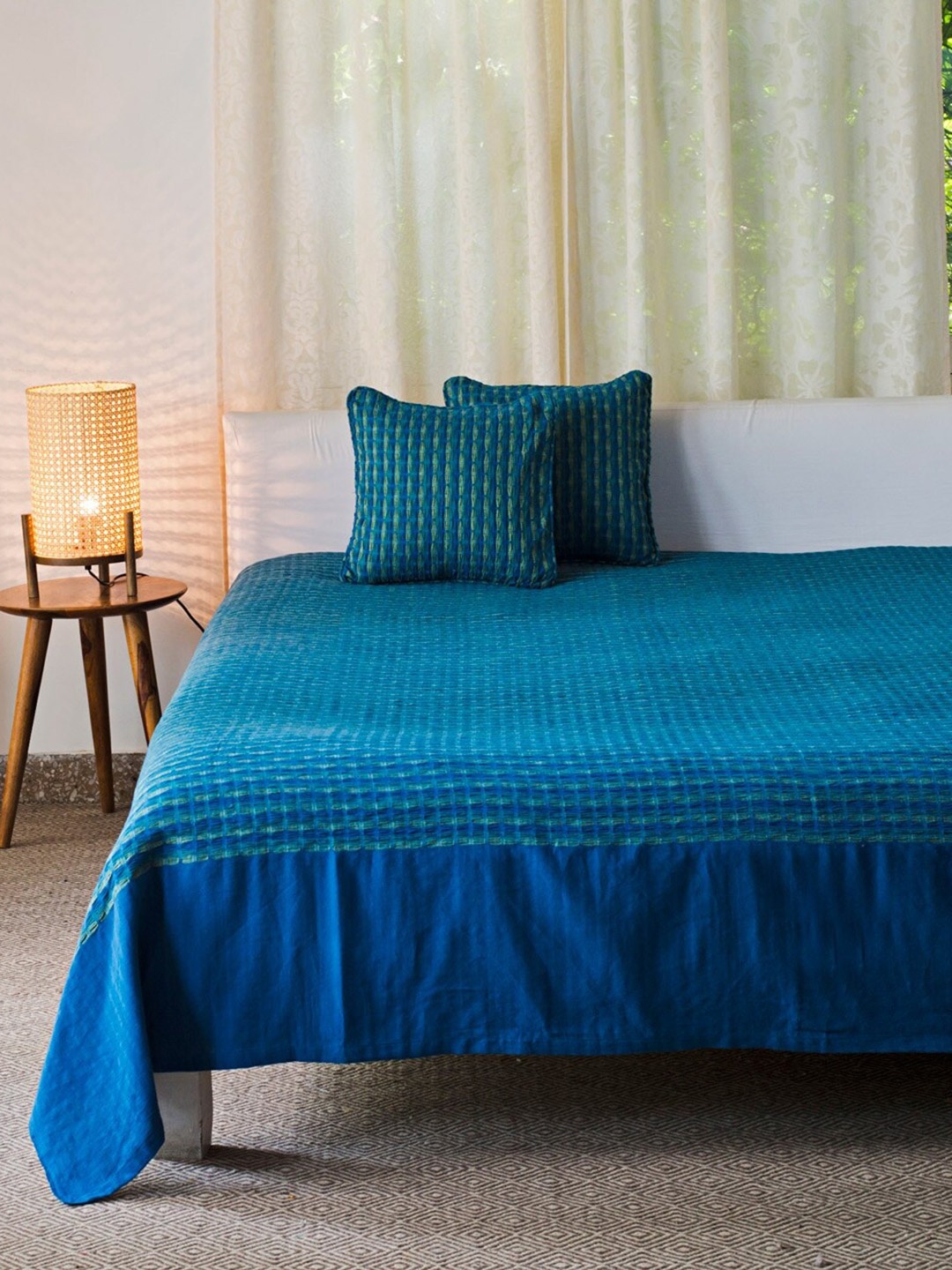 

Fabindia Indigo-Blue & Green Woven Design Deepali Cotton Single Bed Cover