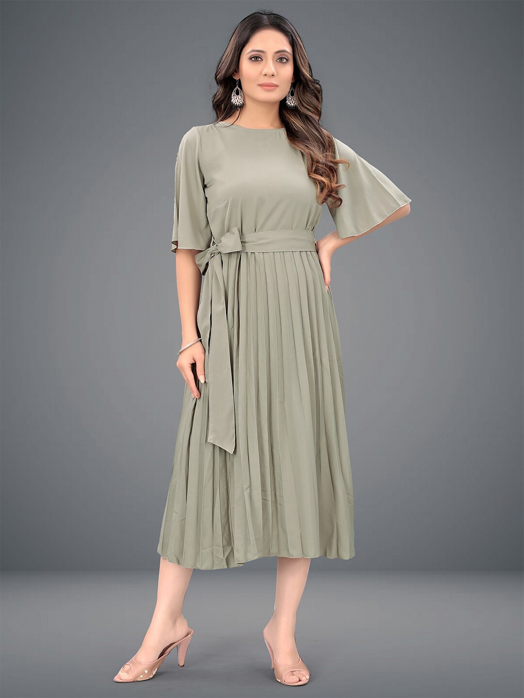 

DEKLOOK Flared Sleeves Crepe A-Line Midi Dress, Olive