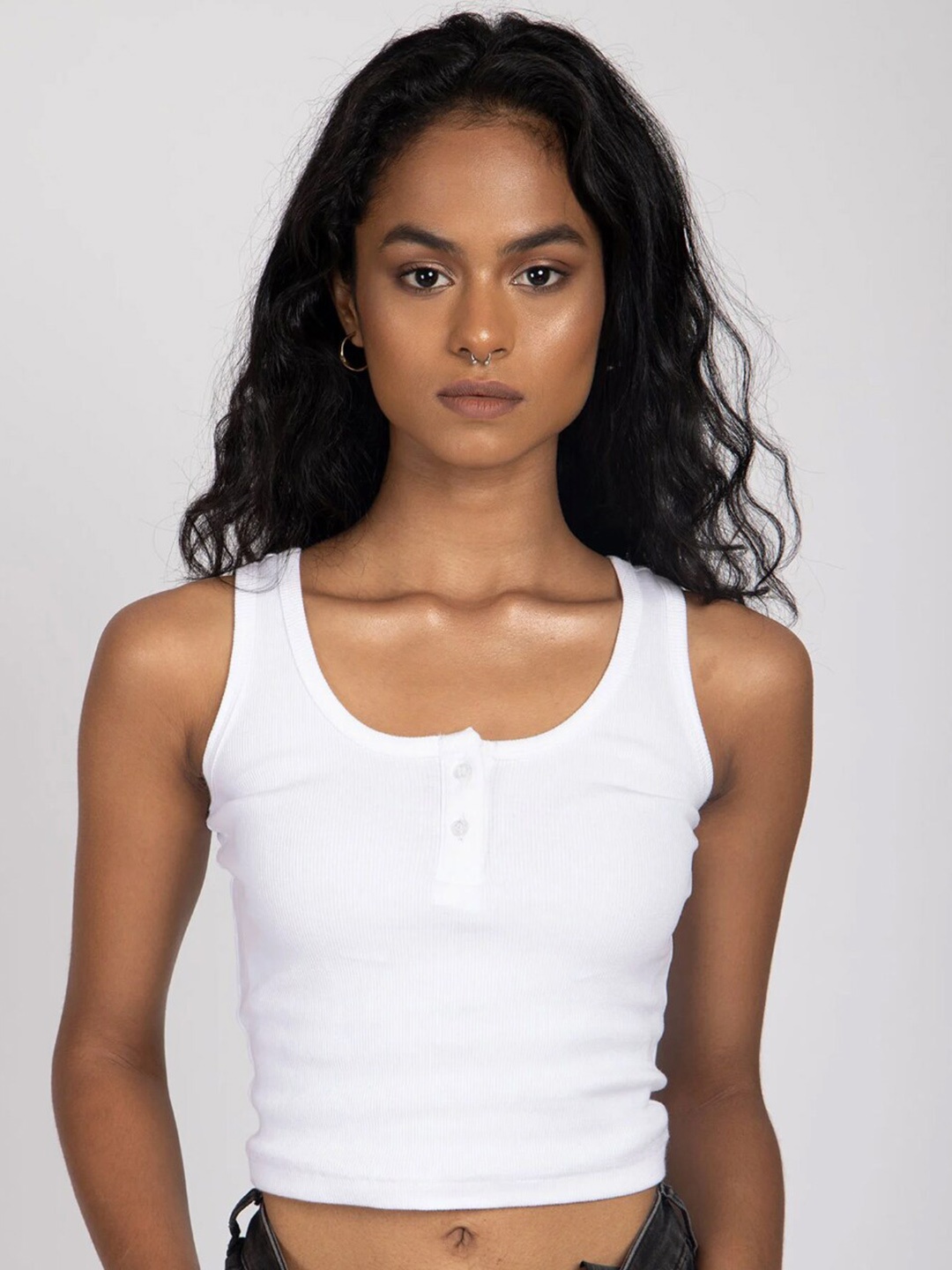 

Bonkers Corner White Sleeveless Cotton Fitted Crop Top