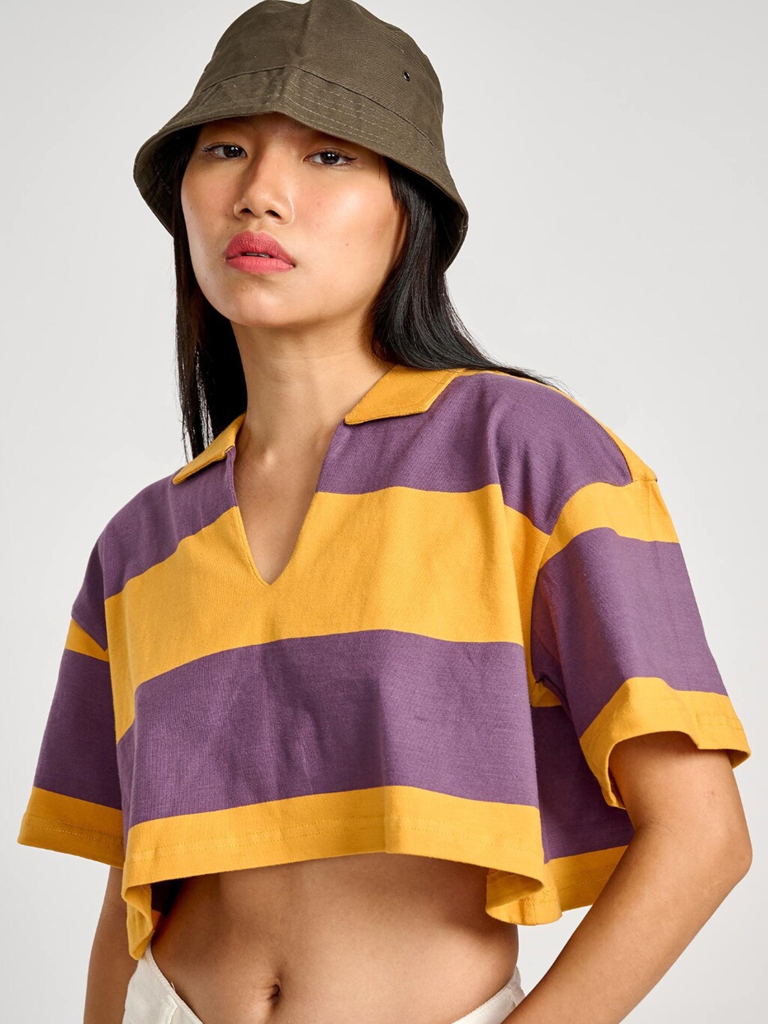 

Bonkers Corner Yellow Striped Polo Collar Boxy Crop Cotton T-Shirt