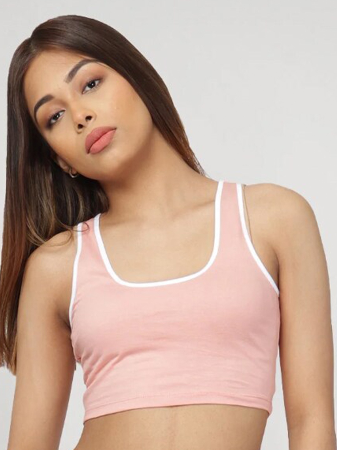 

Bonkers Corner Peach-Coloured Cotton Knitted Crop Contrast Binding Tank Top
